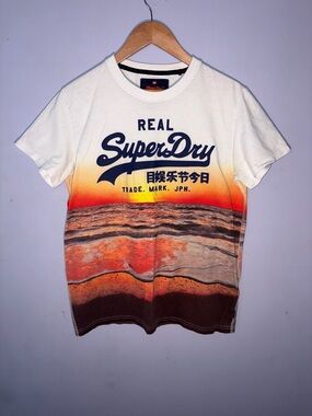 Superdry White Tee with Orange Sunset Wave Graphic - Men